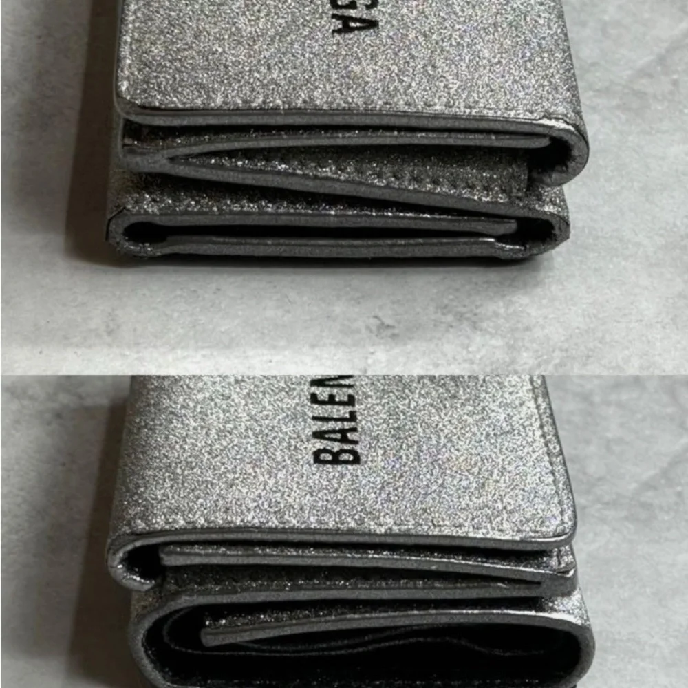 BALENCIAGA Silver/Gray Glitte Everyday Mini leather Wallet, EUC